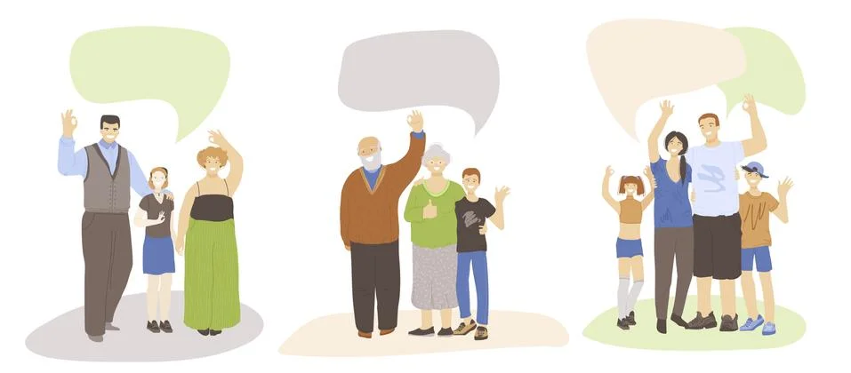Vector set of happy joyful different generation families, waving hands, showing Stock Illustration