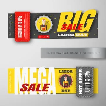Vector set of Happy Labor Day big and mega sale banners with label of gear .. Stock Illustration