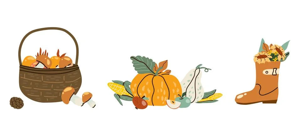 Vector set of harvest time elements in warm tones. Stock Illustration