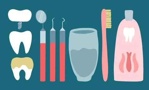 Vector set with healthy teeth, implants, caries, dental instruments, glass of Illustrazione stock