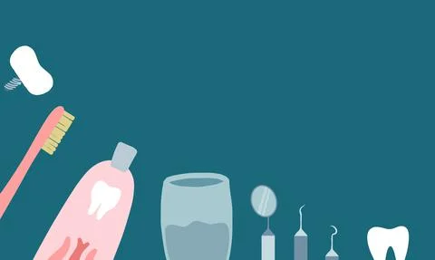 Vector set with healthy teeth, implants, caries, dental instruments, glass of Illustrazione stock