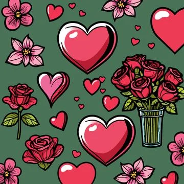 Vector Set of Hearts Amidst Nature's Flowers and Roses Stock Illustration