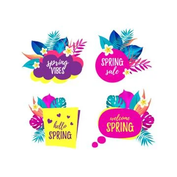 Vector set of Hello Spring, Spring Vibes, Sale, Welcome Spring 3D speech bubble Stock Illustration