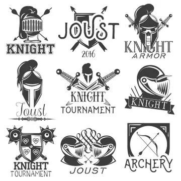 Vector set of heraldic knight labels in vintage style. Design elements, icons Stock Illustration