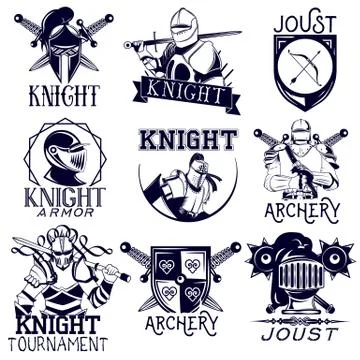Vector set of heraldic knight labels in vintage style Stock Illustration