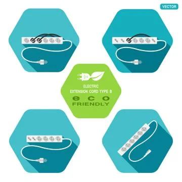 Vector set of hexagon icons of modern electric extension cord type B with plu Stock Illustration