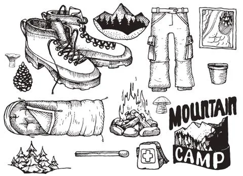 Vector set of highly detailed hand drawn camping stuff. Vintage signs collection Illustrazione stock