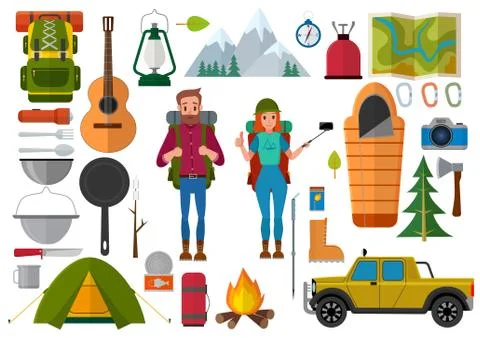 Vector set of hiking people and camping elements. Summer background with camping Stock Illustration