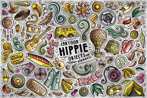 Vector set of Hippie theme items, objects and symbols Stock Illustration