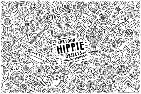 Vector set of Hippie theme items, objects and symbols Stock Illustration