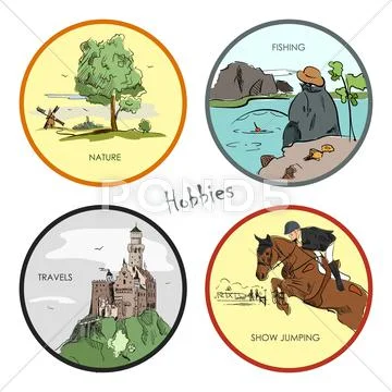 Vector set of hobbies, travel, sport, fishing, nature. Hand drawn stickers Stock Illustration