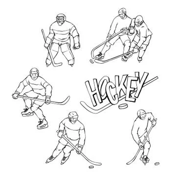 Vector set hockey player and goalkeeper in sports uniform. Black white outline Stock Illustration
