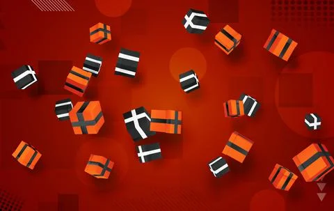 Vector set. holiday gifts in boxes fly over bright colorful background. festi Stock Illustration