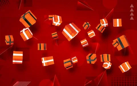 Vector set. holiday gifts in boxes fly over bright colorful background. festi Illustrazione stock