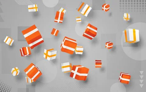 Vector set. holiday gifts in boxes fly over bright colorful background. festi Illustrazione stock