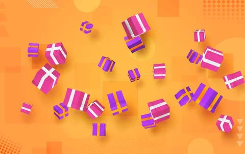 Vector set. holiday gifts in boxes fly over bright colorful background. festi Stock Illustration