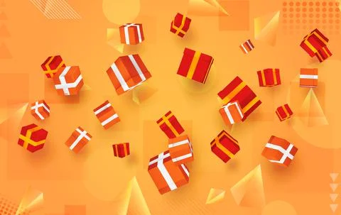 Vector set. holiday gifts in boxes fly over bright colorful background. festi Stock Illustration
