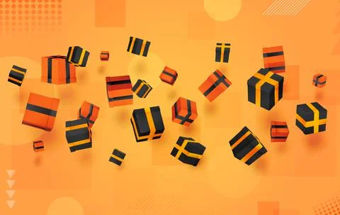 Vector set. holiday gifts in boxes fly over bright colorful background. festi Stock Illustration