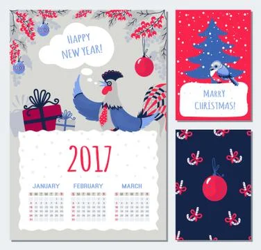 Vector set on a holiday theme. Calendar 2017 New Year. Stock Illustration