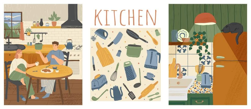 Vector set of home kitchen posters in cartoon hand drawn style. Family having Stock Illustration