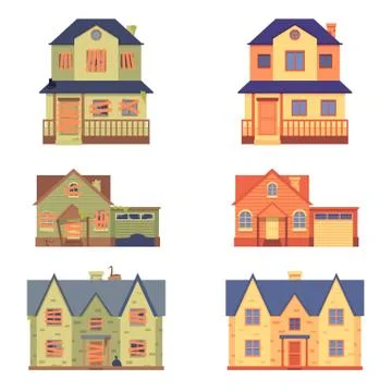 Vector set of home renovation in flat cartoon style, before and after. Stock Illustration