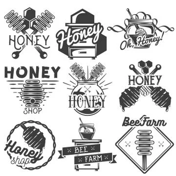 Vector set of honey and beekeeping labels, badges, logo, icons, design elements Illustrazione stock