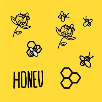 Vector set of honey bees and flowers. Beautiful collection of linear freehand Stock Illustration