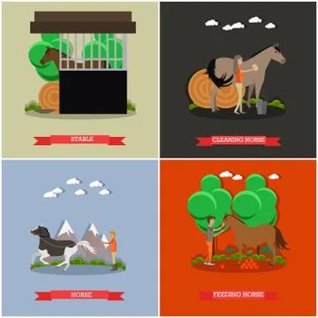 Vector set of horse riding concept posters in flat style Stock Illustration