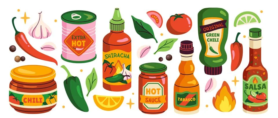 Vector set of hot Chilli sauces Stock Illustration