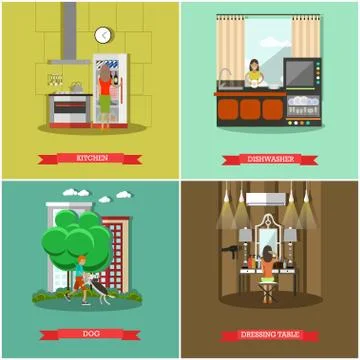 Vector set of house and kitchen square posters in flat style Stock Illustration