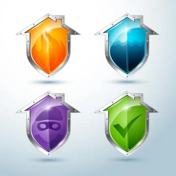 Vector set of house-shaped shield icons that illustrate various dangers イラスト素材