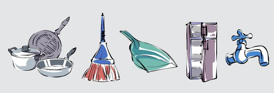 Vector set household items cleaning and kitchen on grey background Stock Illustration