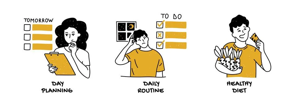 Vector set of how to improve productivity, maintain healthy daily habits Illustrazione stock