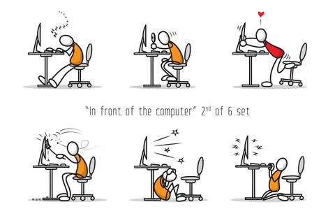 Vector set of humor cartoon man in front of a computer. Print illustration 스톡 일러스트