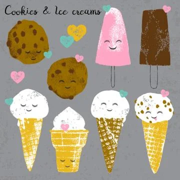 Vector set with ice creams and cookies and hearts in cartoon and grunge style Stock Illustration
