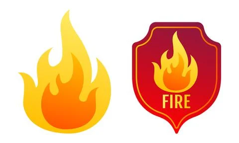 Vector set icon of fire and shield with flame. Vector  illustration of fire. Stock Illustration
