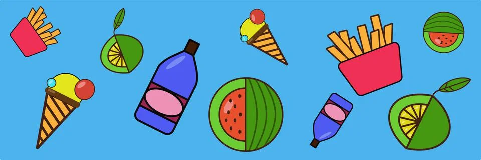 Vector set of icons on a brown background: Ice cream, watermelon, lime, bottle Stock Illustration