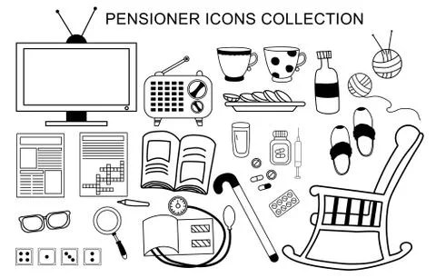 Vector set of icons an elderly man. Life and activities for a pensioner - a Stock Illustration