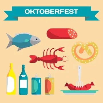 Vector set of icons in a flat cartoon style for Oktoberfest. Foo Illustrazione stock