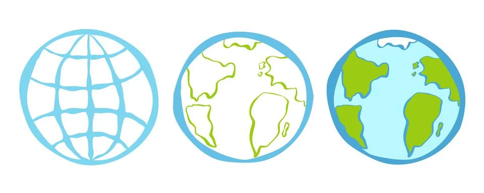 Vector set icons of a globe in hand drawing style. Vector illustration of pla 库存插图