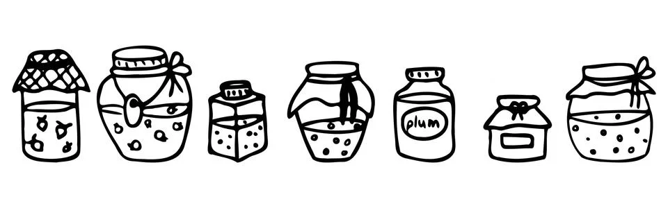 Vector set of icons of jars with jam. Doodle style. Stock Illustration