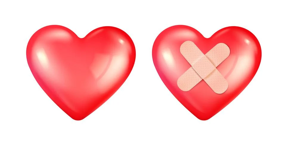 Vector set icons of red heart with bandage for Valentine's Day in realistic 3 库存插图