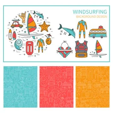 Vector set of icons windsurfing and seamless pattern Stock Illustration