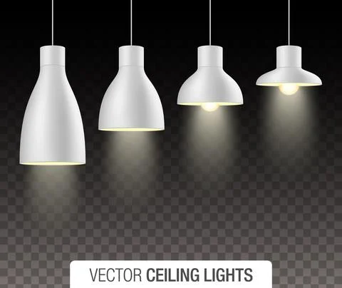 Vector set of illuminated white ceiling light shades, isolated on transparent Stock Illustration