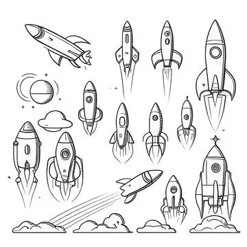 Vector set illustration in cartoon line style of rocket Illustrazione stock