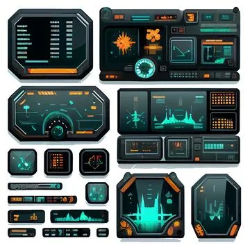 Vector set illustration in cartoon line style of Sci-fi digital interface 스톡 일러스트