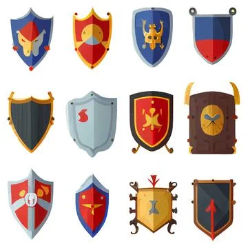 Vector set illustration in cartoon style protected concept shields metal Stock Illustration