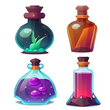Vector set illustration in cartoon style of alchemist bottles with elixir Stock Illustration