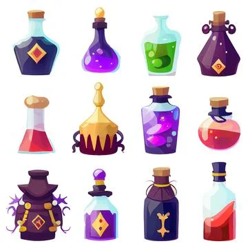 Vector set illustration in cartoon style of alchemist bottles with elixir Stock Illustration