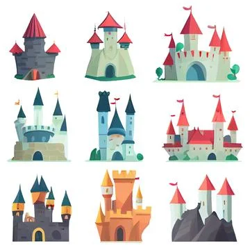 Vector set illustration in cartoon style protected concept knightly castle Stock Illustration